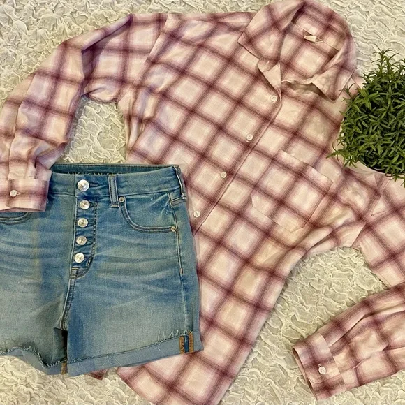Aeropostale Plaid Flannel Button Up Down Collared Shirt Oversized Soft Pink XS - Picture 7 of 7